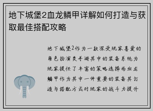地下城堡2血龙鳞甲详解如何打造与获取最佳搭配攻略