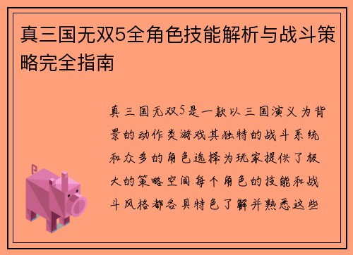 真三国无双5全角色技能解析与战斗策略完全指南